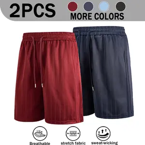 2PCS Men's Vertical Texture Ice Silk Five-Point Athletic Shorts, Double Metal Tip Drawstring Elastic Waist Loose Wide Leg Knee-Length Casual Bermuda Shorts, High Stretch Breathable Sweat-Wicking Cool Drape Sports Shorts For Outdoor Fitness Commute, More C