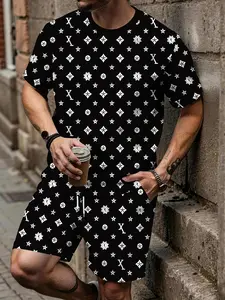 Vintage Interlock Symbol All Over Print Two Piece Set Men Ombre Gradient T-Shirt Drawstring Casual Shorts Daily Vacation Tracksuit