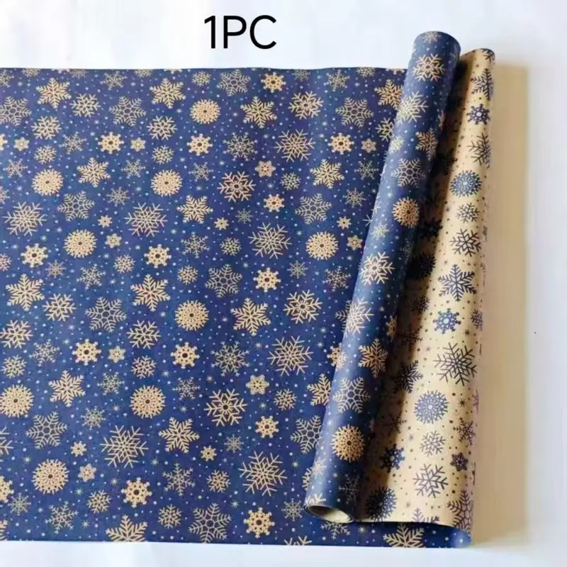 1 roll of snowflake gift wrapping paper in a fresh and simple style, double-sided printed thickened kraft paper, waterproof and wear-resistant, suitable for packaging Christmas and birthday party treats, candies, and gifts, and for DIY customization
