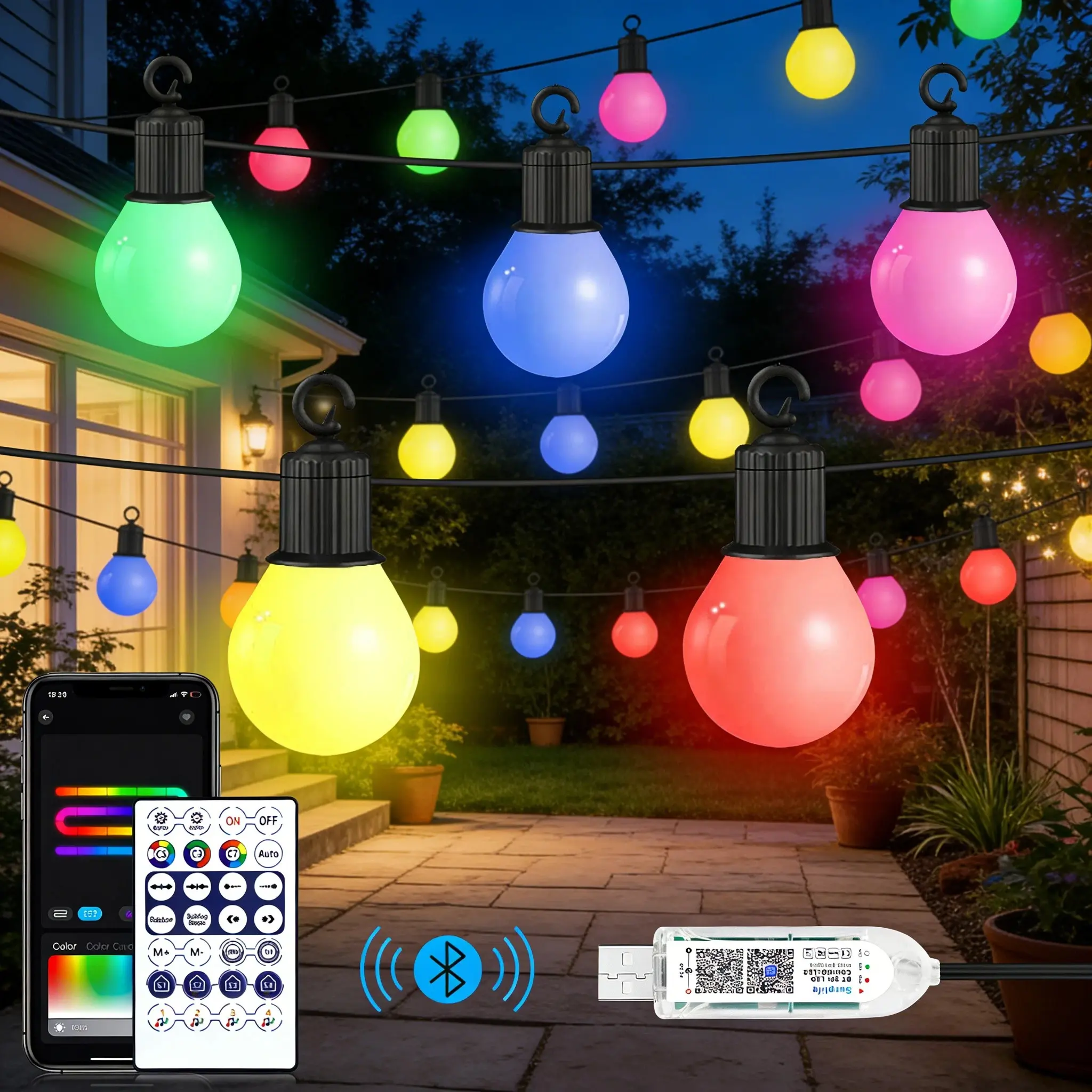 Smart WiFi & Bluetooth RGBIC G40 LED String Lights USB 5V, 15M 25Bulbs/30M 50Bulbs Running Water Garland Lights, APP & Remote Control Music Synchronized Flashing Lights For Outdoor Garden Wedding Camping Christmas New Year Holiday Decoration