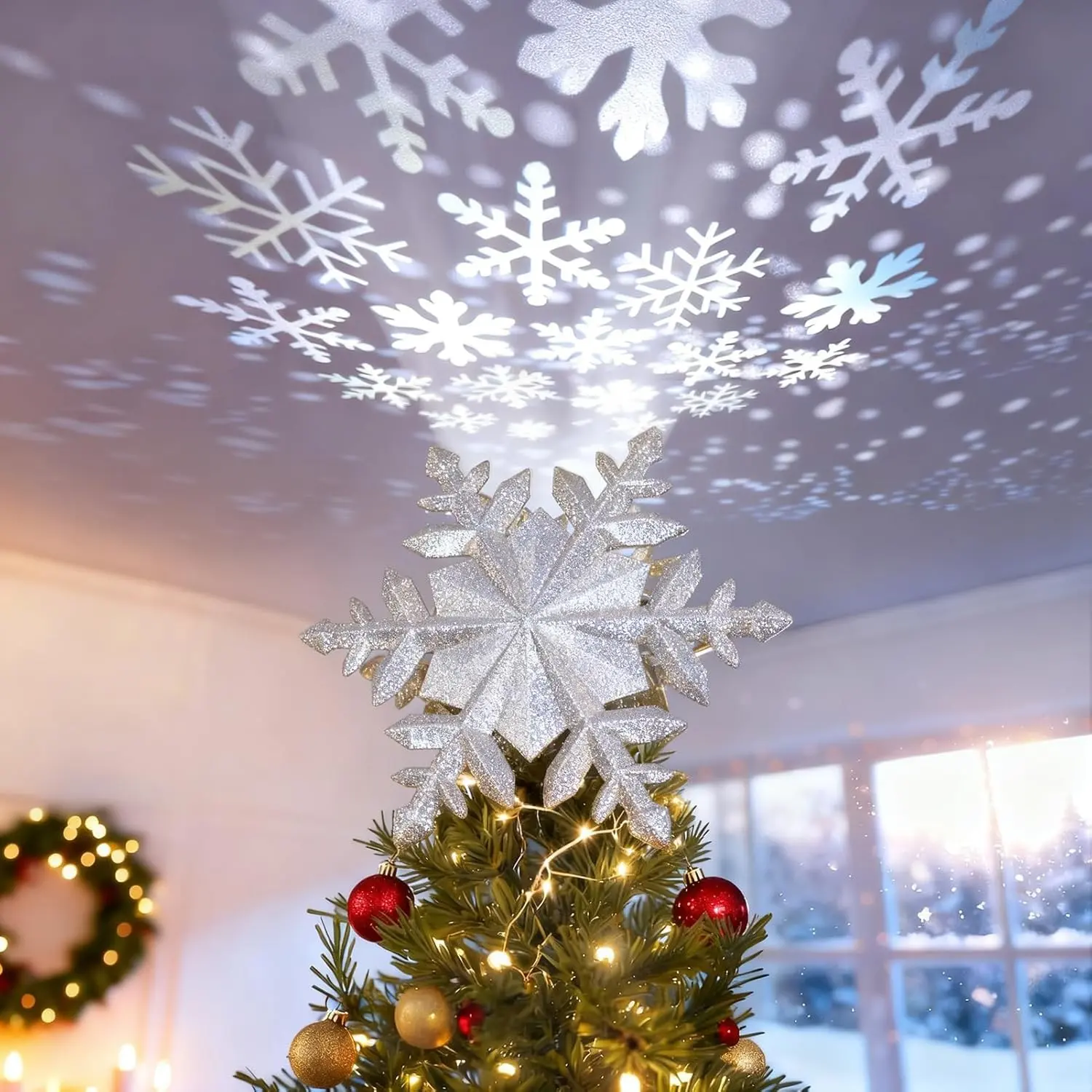 Christmas Tree Topper Lighted with Silver Snowflake Projector Led Rotating Magic Snowflake 3D Hollow Glitter Lighted Silver Snow Tree Topper for Christmas Tree Decorations