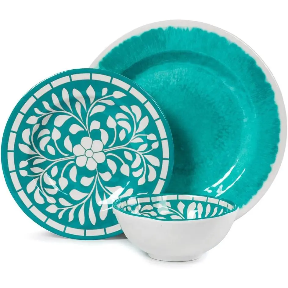 Melamine Dinnerware Sets -12  Plates and Bowls Set for Indoor and Outdoor Use, Lightweight,Teal color,Green