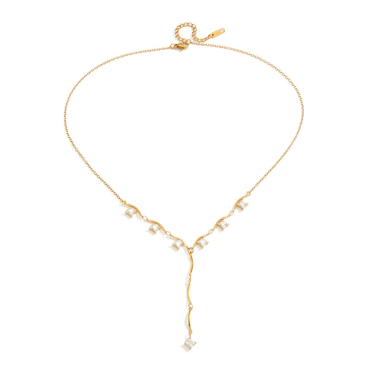 18K Gold Plated Stainless Steel White Square Wave Bar Necklace & Y‑Shaped Necklace, Fashionable and Personalized Jewelry