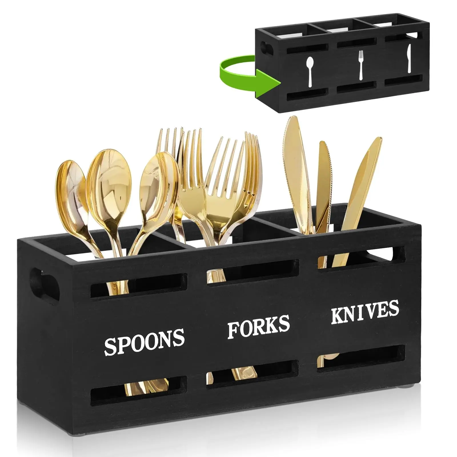 Letter Pattern Wooden Cutlery Holder, 1-Count 3-Grid Cutlery Storage Box, Large-Capacity Cutlery Organizer, Multifunctional Kitchen Tableware Holder for Forks, Spoons and Knives, Container, Home