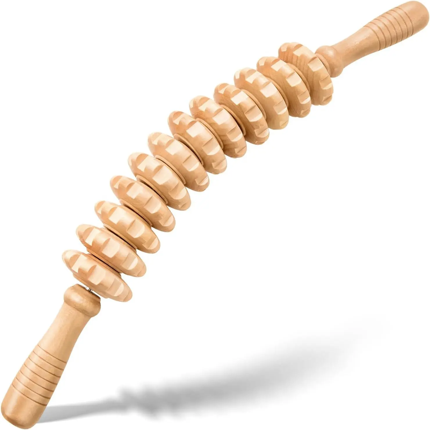 Natural Wood 12-Wheel Cellulite Massage Roller - Handheld Fascia Blaster, Ergonomic Gentle Roll Tool for Legs, Muscle Relief, Lymphatic Drainage & Body Sculpting (Cellulite Reduction Aid for Women)