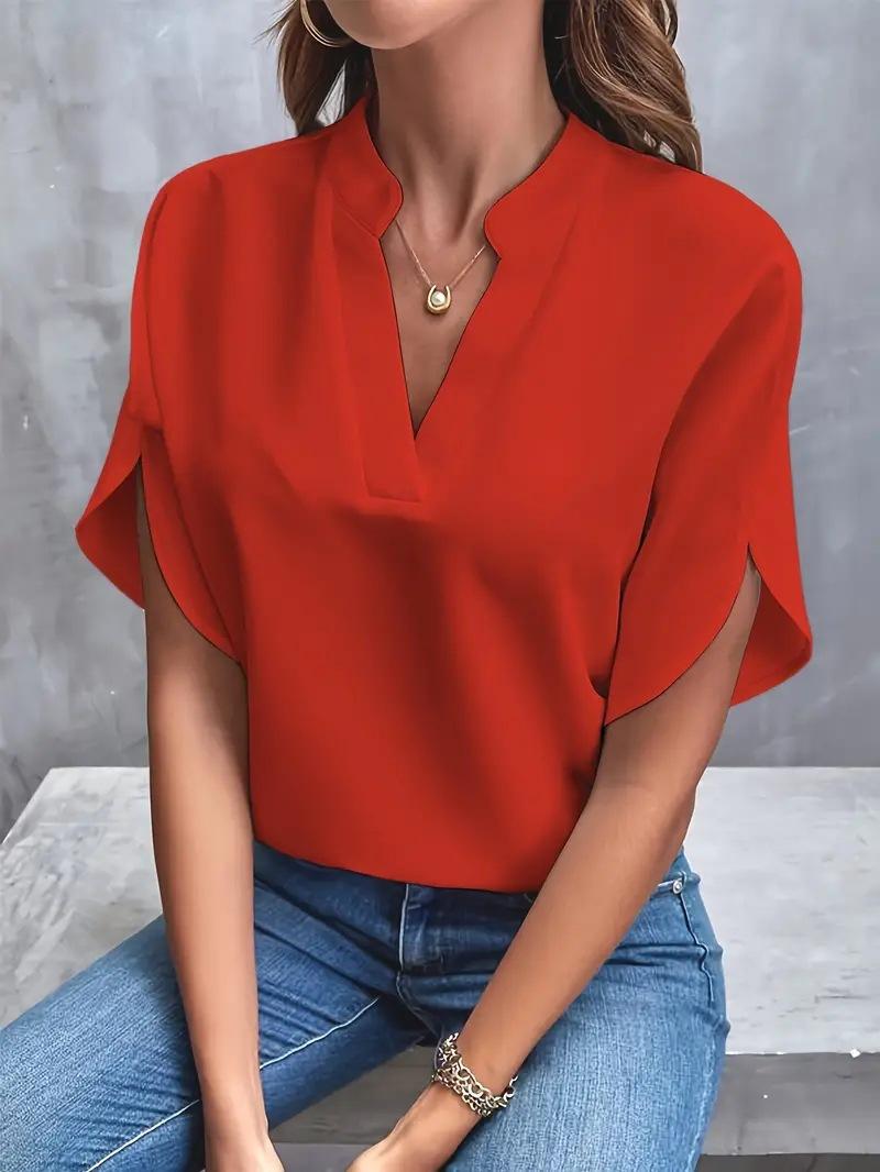 Women's Summer Casual Solid-color V-neck Loose-fitting Shirt - Elegant And Formal Blouse For Women