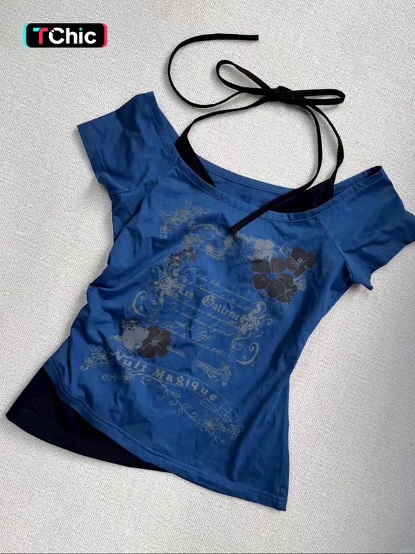 Women's 2 in 1 Floral & Letter Print  Halter Tee, Y2k Casual Top for Summer, Ladies Clothes for Daily Wear