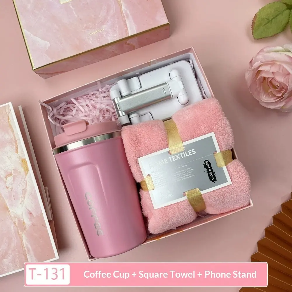 1set pink souvenir, a birthday gift for friends - practical gift set for colleagues/customers/employees, airbag comb/coffee cup/thermos/phone holder/towel/umbrella/fan/glass combination set