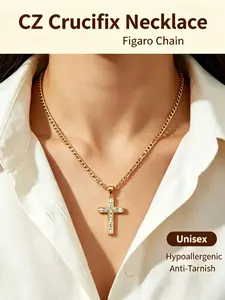 Gold-Tone Plated Copper Figaro Chain Crucifix Necklace for Men Women, Baguette Cubic Zirconia Jesus Cross Pendant, Faith Pendant, Hypoallergenic Anti-Tarnish Vintage European Religious Jewelry, Stackable Daily Casual Wear, Birthday Holiday Gift
