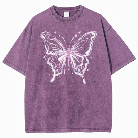 Unisex 100% Cotton Soft Short-Sleeve Washed T-Shirt - Round Neck Oversized, Pink White Drip Line Art Butterfly Star Cross Front Accent, Vintage Trendy Graphic Shirts, Chic Casual Summer Men's/Women's Top