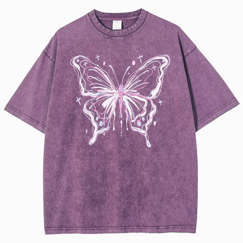 Unisex 100% Cotton Soft Short-Sleeve Washed T-Shirt - Round Neck Oversized, Pink White Drip Line Art Butterfly Star Cross Front Accent, Vintage Trendy Graphic Shirts, Chic Casual Summer Men's/Women's Top