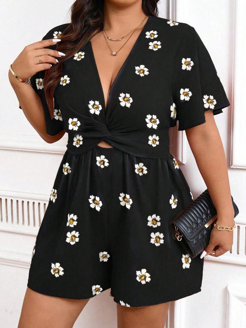 【Plus Size】 Floral Print Rompers, Womenswear Casual Fashion Short Sleeve Romper for Daily Outdoor Wear, Women's Plus Clothing for All Seasons