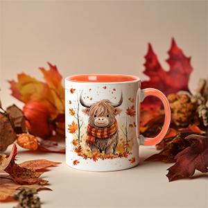 Fall Highland Cow Maple Leaves Coffee Mug - Birthday Gifts For Cow Lovers - Fall Autumn Decor Gifts For Farmhouse Thanksgiving - Highland Cows Gift - 11oz White Ceramic Coffee Tea Mug Drinkware Cup