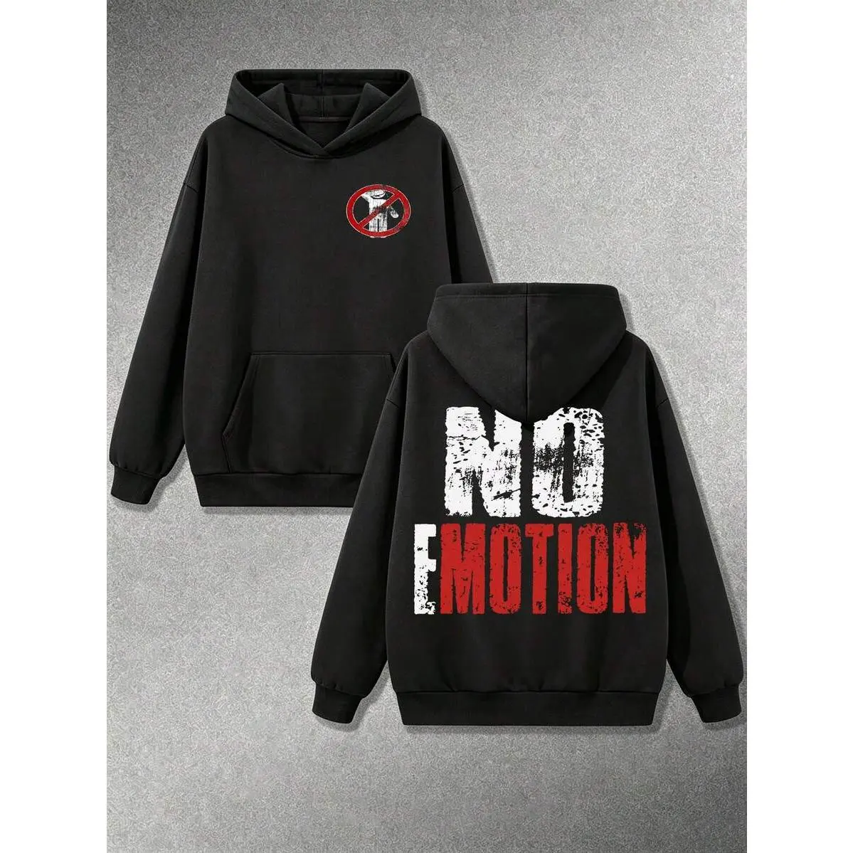 Men's Graphic Hoodie, No Emotion Street Slogan Double Print Hooded Sweatshirt, Vintage Streetwear Oversized Pullover For Men