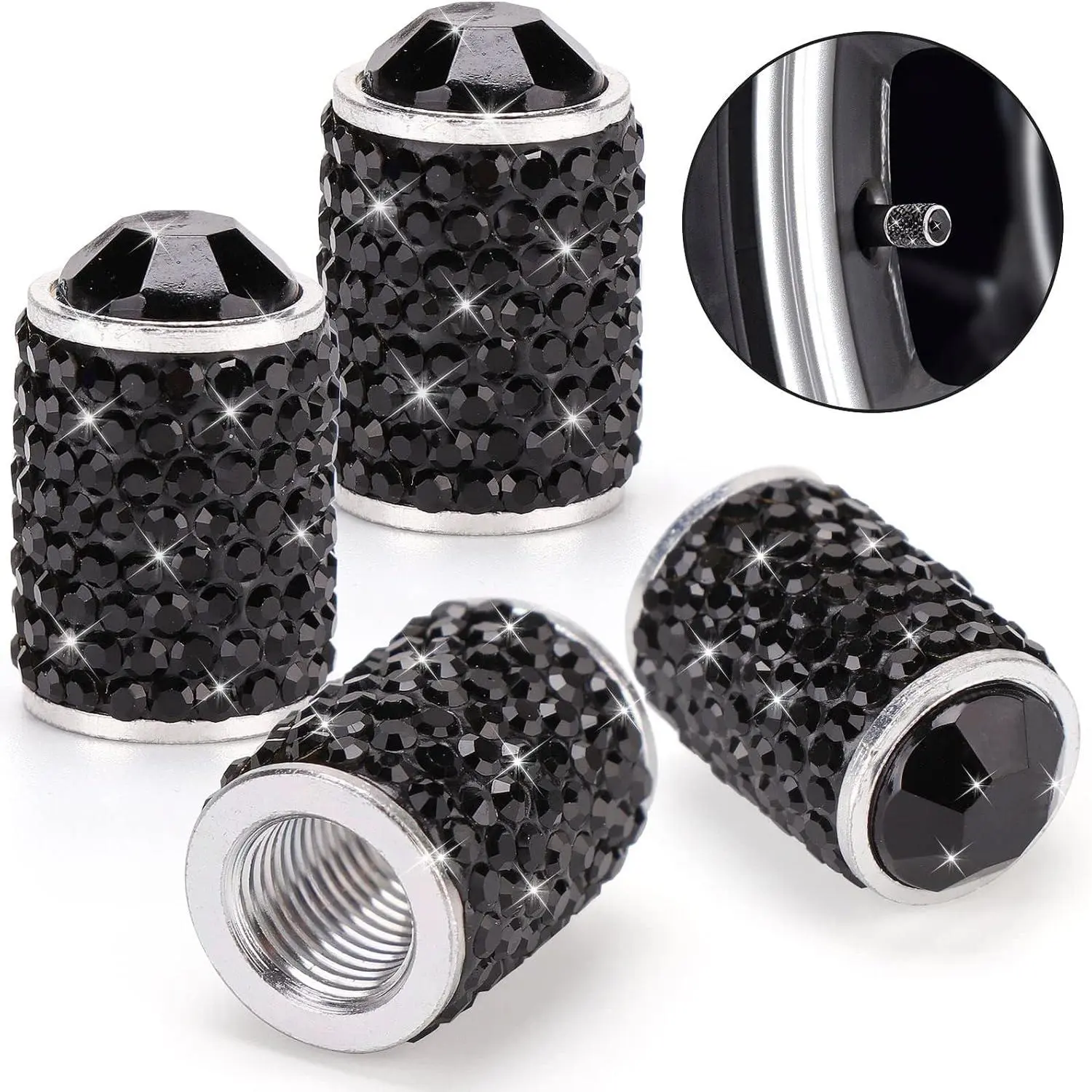 4PCS Bling Handmade Crystal Rhinestone Metal Alloy Rim Valve Stem Caps, Dustproof Auto Parts Accessories - Universal Fit for SUVs, Motorcycles, Alloy Rim Valve Caps
