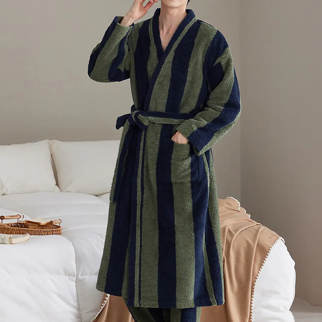 Gihuo Unisex Striped Plush Bathrobe Fluffy Long Plush Bathrobes Fleece Fuzzy Warm Thick Kimono Loungewear Maxi Robe