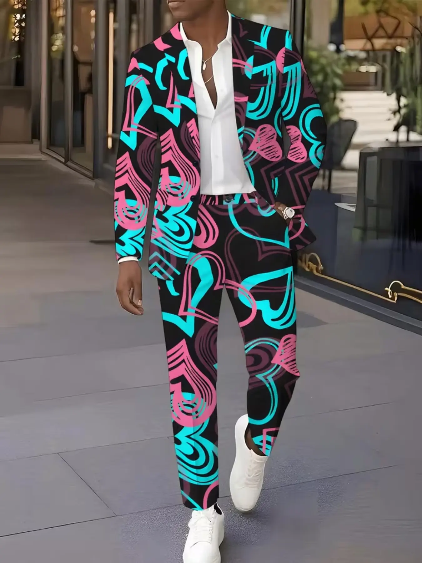 Men's Pink Cyan Graffiti Heart Print 2-Piece Suit, Slim Fit Blazer & Pants, Valentine Party Club Outfit
