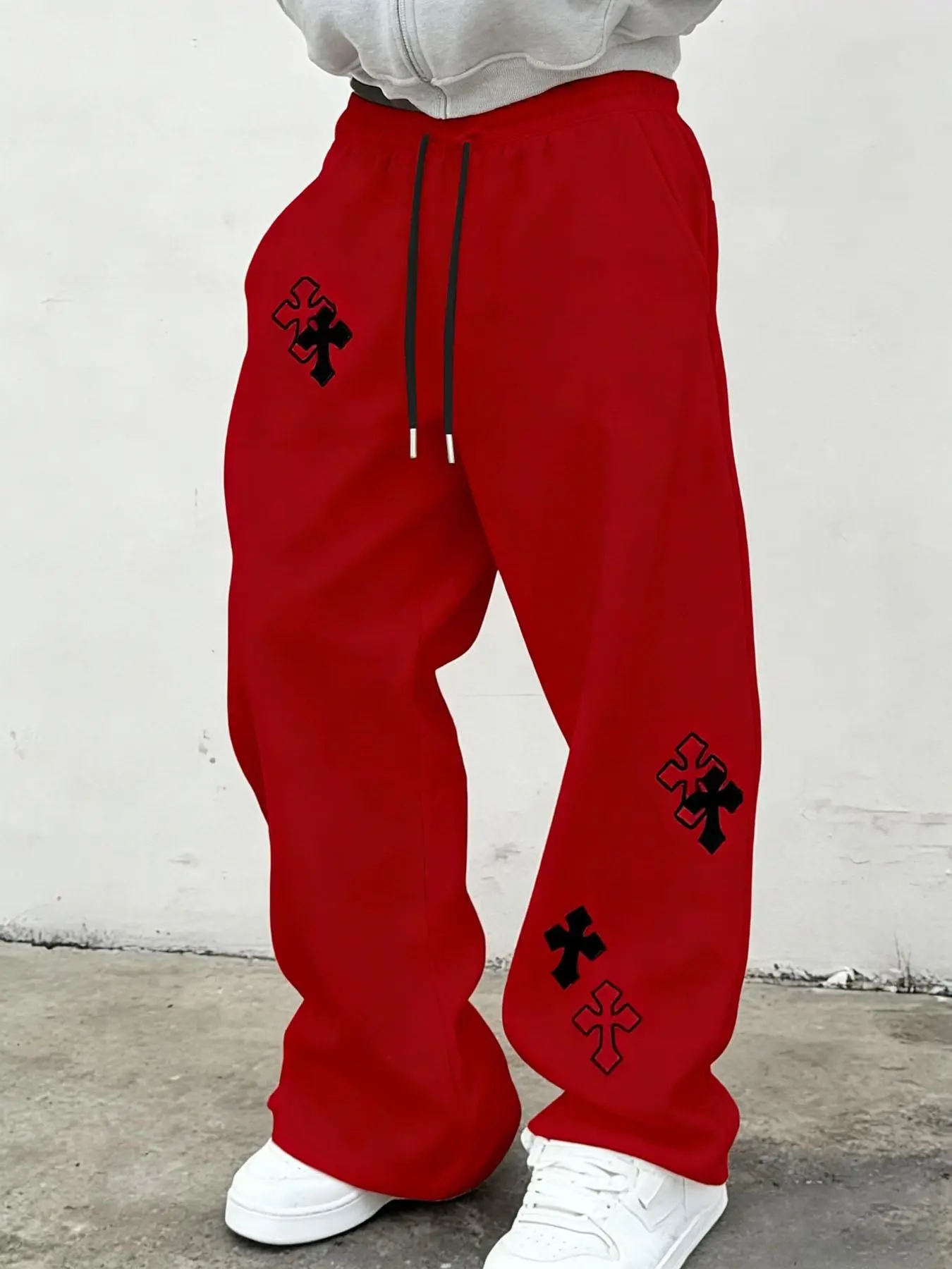 Men's Black Gothic Cross Graphic Sweatpants, Baggy Wide Leg Drawstring Pants with White Cross Prints, Elastic Waist, Side Pockets and Relaxed Straight Legs, Retro Y2K Dark Streetwear for Campus, Skate Looks, Travel, Festivals, Parties and Casual Wear