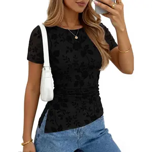 Wardrobe of a beautiful girl   ZESICA Women's Summer Floral Short Sleeve Tops 2026 Mesh Crewneck Asymmetrical Ruched Fitted Going Out Shirts Y2K Clothes