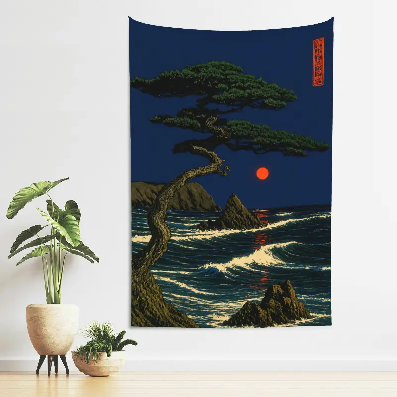 Japanese Ukiyoe Ocean Wave Pine Tree Print Tapestry, 5ft x 3ft (60in x 40in) Smooth Fade-Resistant Peach Skin Fabric, Decorative Zen Landscape Wall Hanging for Bedroom & Meditation Room, Asian Inspired Home Decor Wall Art Gift for Table & Indoor Use