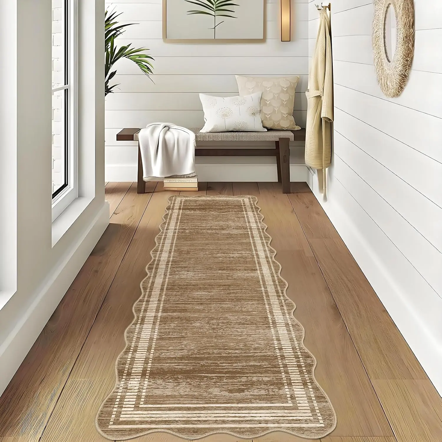 Scalloped Washable Runner Rugs for Hallway Kitchen Runner Rug, Non Sip Bathroom Soft Rug Runner, Low Pile Modern Abstract Scalloped Indoor Carpet for Entryway Laundry Room Foyer,back to school,dorm essentials,home decor,home essentials
