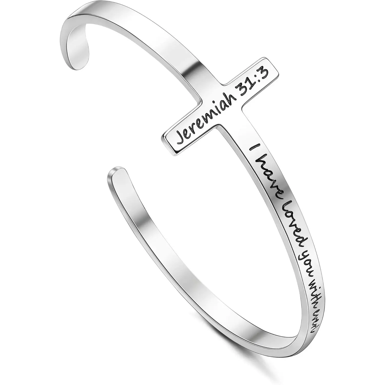 Stainless Steel Engraved Cross Cuff Bracelet for Women, Inspirational Bible Verse Christian Religious Bangle Faith Jewelry Birthday Christmas Gift