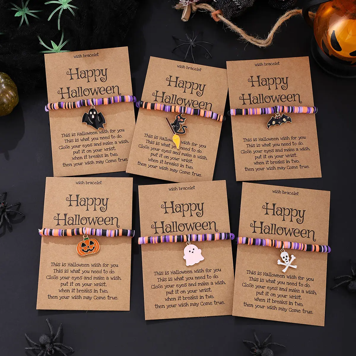6Pcs Vintage Halloween Elastic Bracelets Set - Gothic Adorable Ghost Pumpkin Skeleton Skull Black Cat Pendant Bracelets with Blessing Card Set, Retro Halloween Spooky Accessories for Halloween Celebration, Costume Parties & Daily Wear