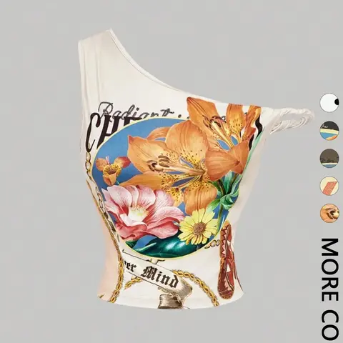 1 Spring Summer One Shoulder Floral Crop Top Women | Summer Casual Sleeveless Asymmetrical Backless Twisted Strap Slim Fit Cropped Tank | Y2K Retro Baddie Style for Vacation Beach Festival Daily Wear