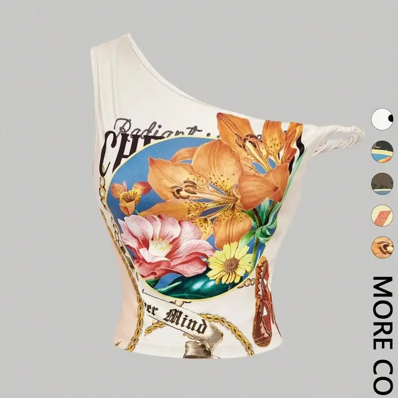 1 Spring Summer One Shoulder Floral Crop Top Women | Summer Casual Sleeveless Asymmetrical Backless Twisted Strap Slim Fit Cropped Tank | Y2K Retro Baddie Style for Vacation Beach Festival Daily Wear