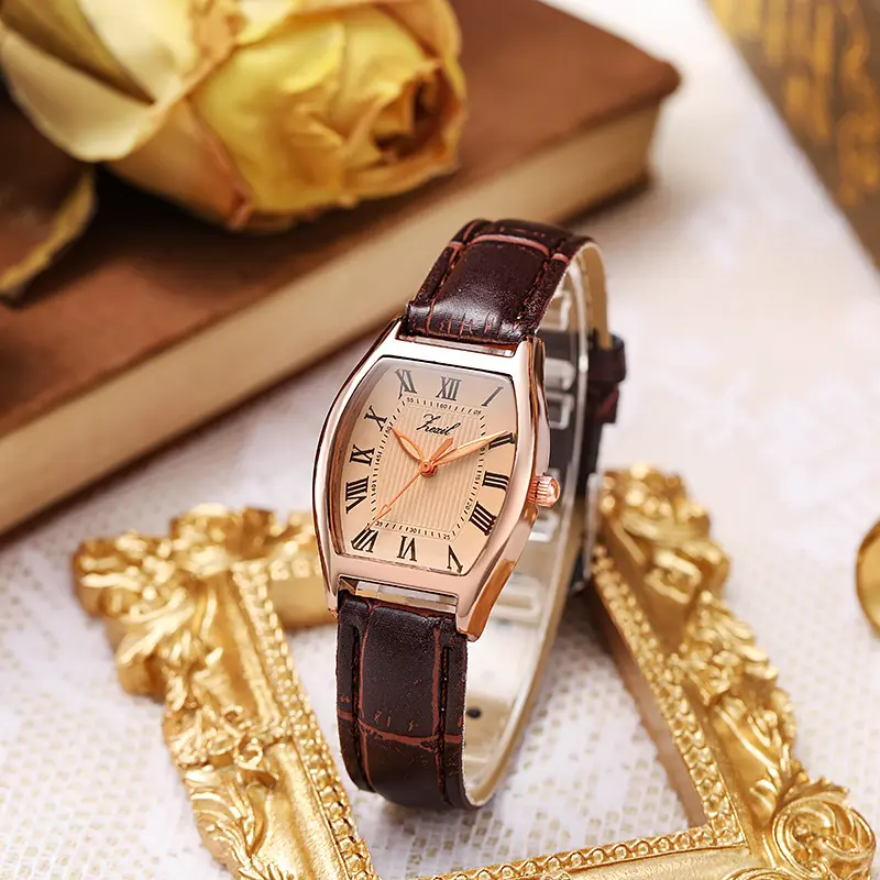 Women's 2026 New Model Vintage Barrel-Shaped Leather Strap Quartz Watch - Simple Wrist Watch for Female Students (In Stock)