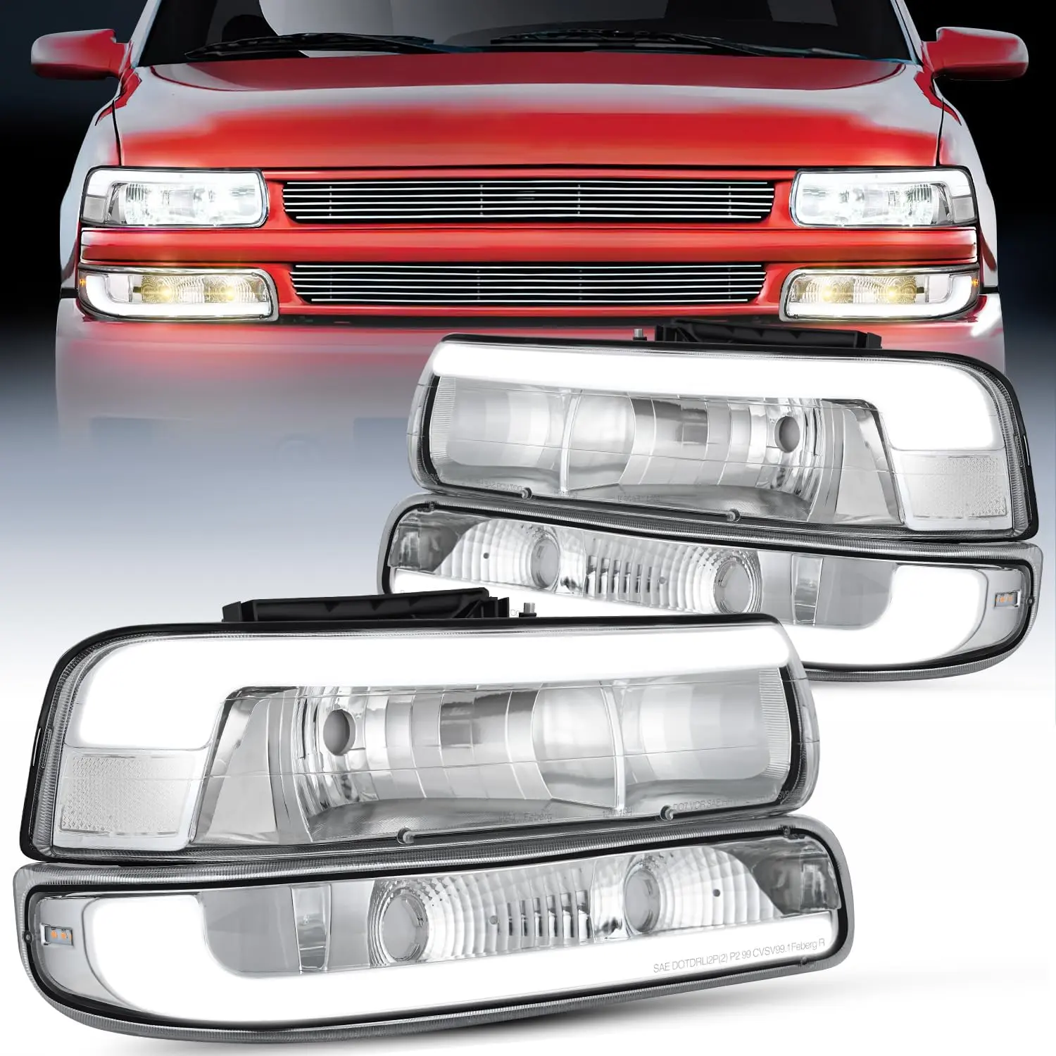 Nilight LED DRL Headlight Assembly for 1999 2000 2001 2002 Chevy Silverado 1500 1500HD 2500 2500HD 3500 Chevrolet Tahoe Suburban Replacement Headlamp Clean Lens Chrome Housing Bumper Lights Set