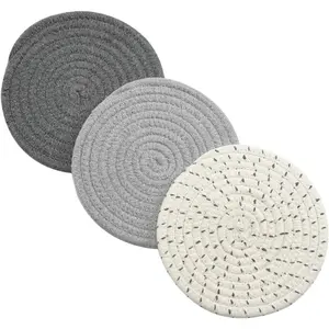 Potholders Set Trivets Set 100% Pure Cotton Thread Weave Hot Pot Holders Set (Set of 3) Stylish Coasters, Hot Pads, Hot Mats,Spoon Rest For Cooking and Baking by Diameter 7 Inches (Gray)