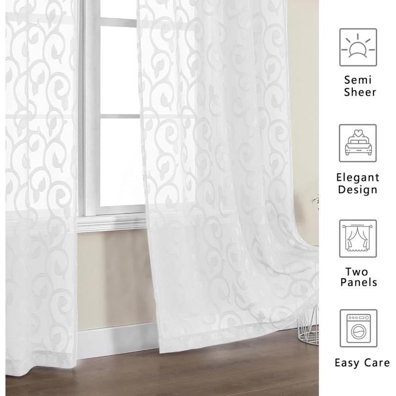 Furman Sheer White Curtains 84 inches Long for Bedroom Living Room 2 Panels Set, White Curtains Jacquard Clip Light Filtering Semi Sheer Curtain Rod Pocket Window Drapes, 2 Pcs Each 40