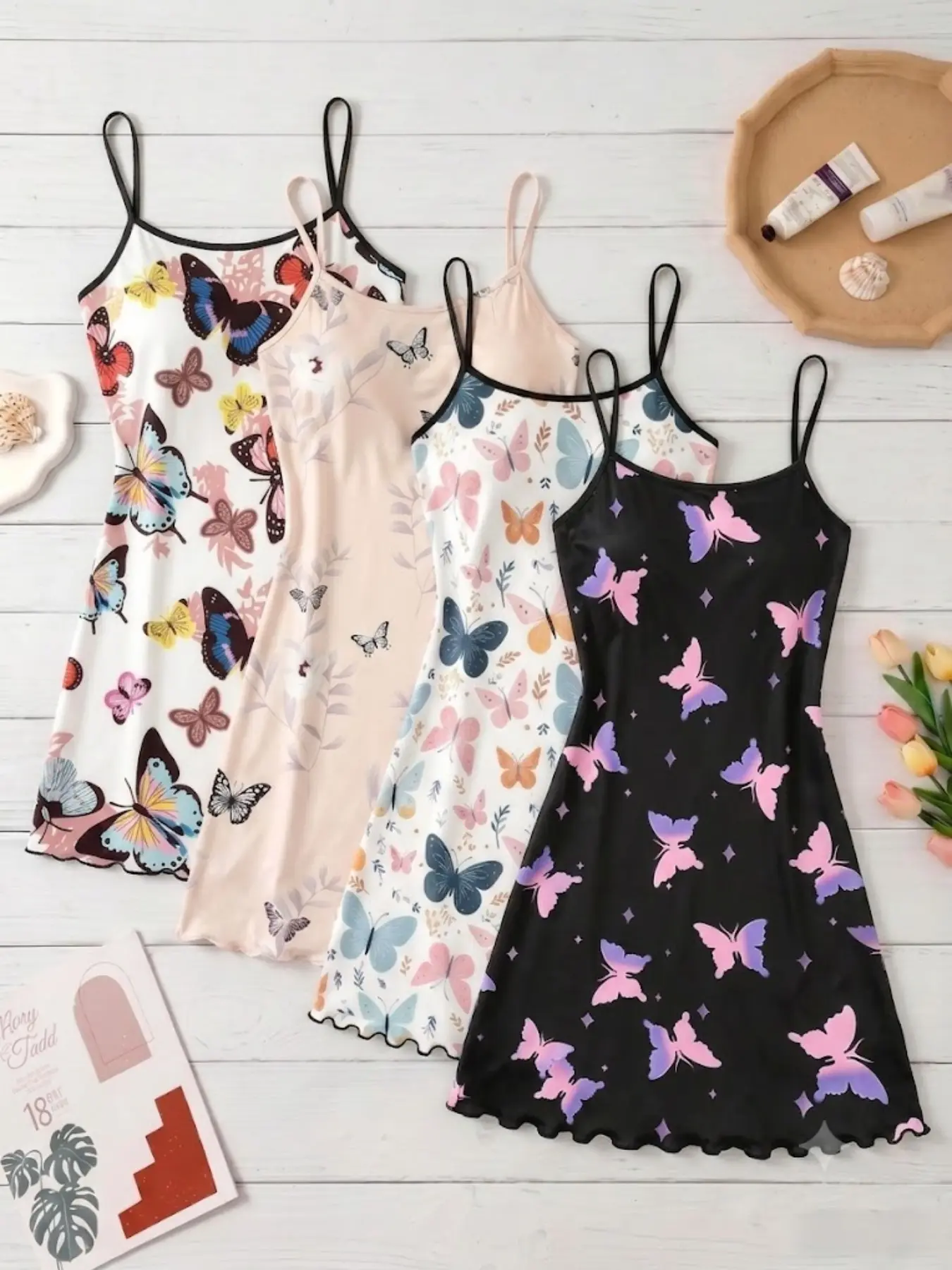 4 Pack Y2K Fairycore Dreamy Aesthetic Women's Sleepwear Colorful Butterfly Floral Print Summer Spaghetti Strap Ruffle Hem Ultra Soft Slip Dress Sweet Lightweight Comfy Breathable Casual Nightgown for Daily Wear