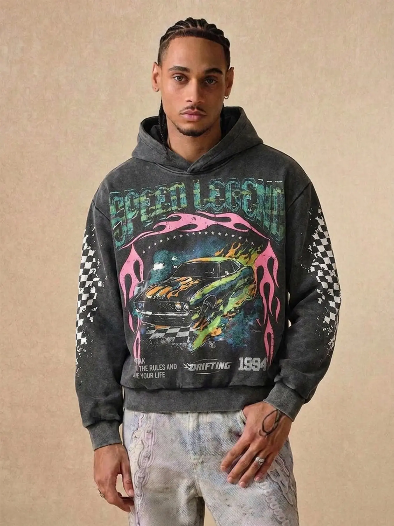 Men's Street Racing Style Long Sleeve Sweatshirt Hoodie, Vintage Washed Graphic Print, Flame Muscle Car Checkerboard, Motorcycle Fashion, All Seasons
