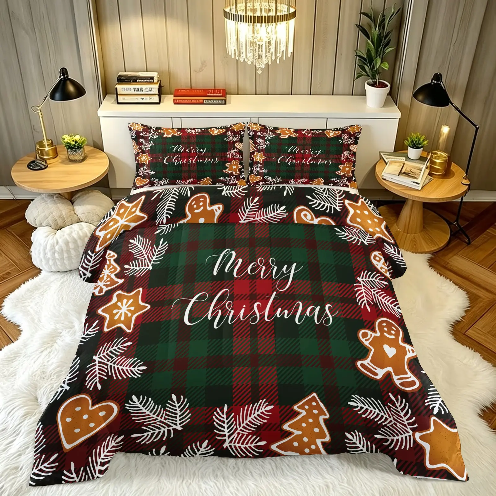 3pcs Christmas Bedding Set, Plaid Merry Christmas Gingerbread Man Print, Soft Comfortable, Holiday Decor, Includes 2 Pillowcases and 1 Quilt