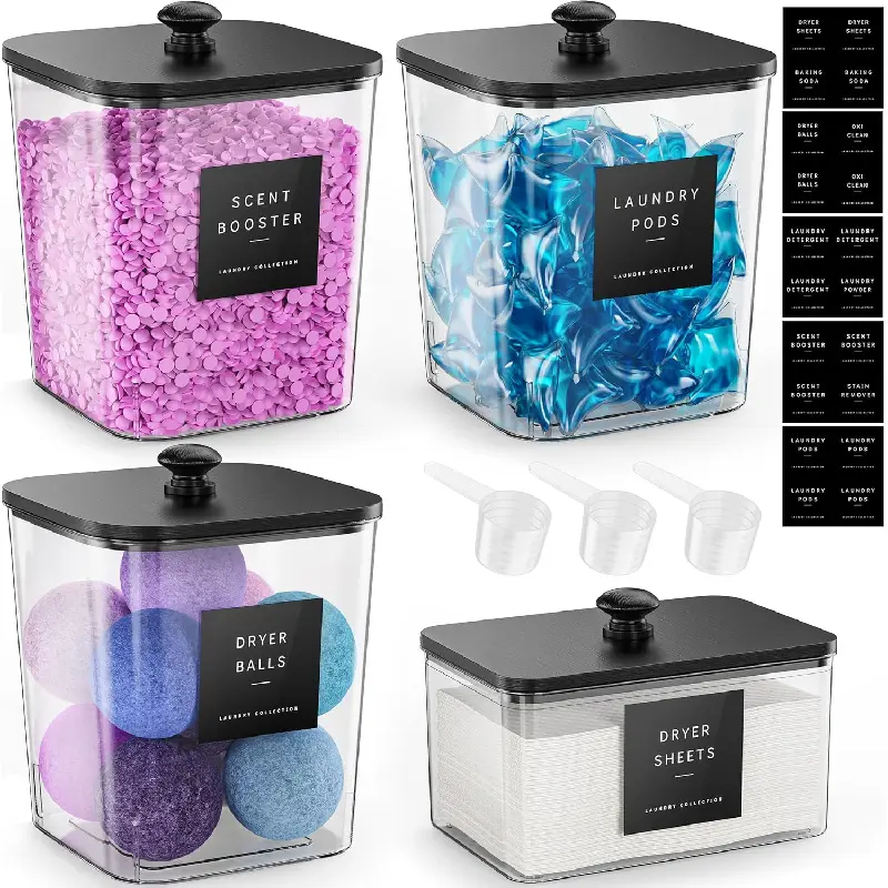 4 Pack Laundry Pods Container, Clear Laundry Room Organization Containers Essentials, Large Detergent Powder Storage Containers Black Wooden Lids & Labels Signs, Home Acrylic Laundry Pods Holder