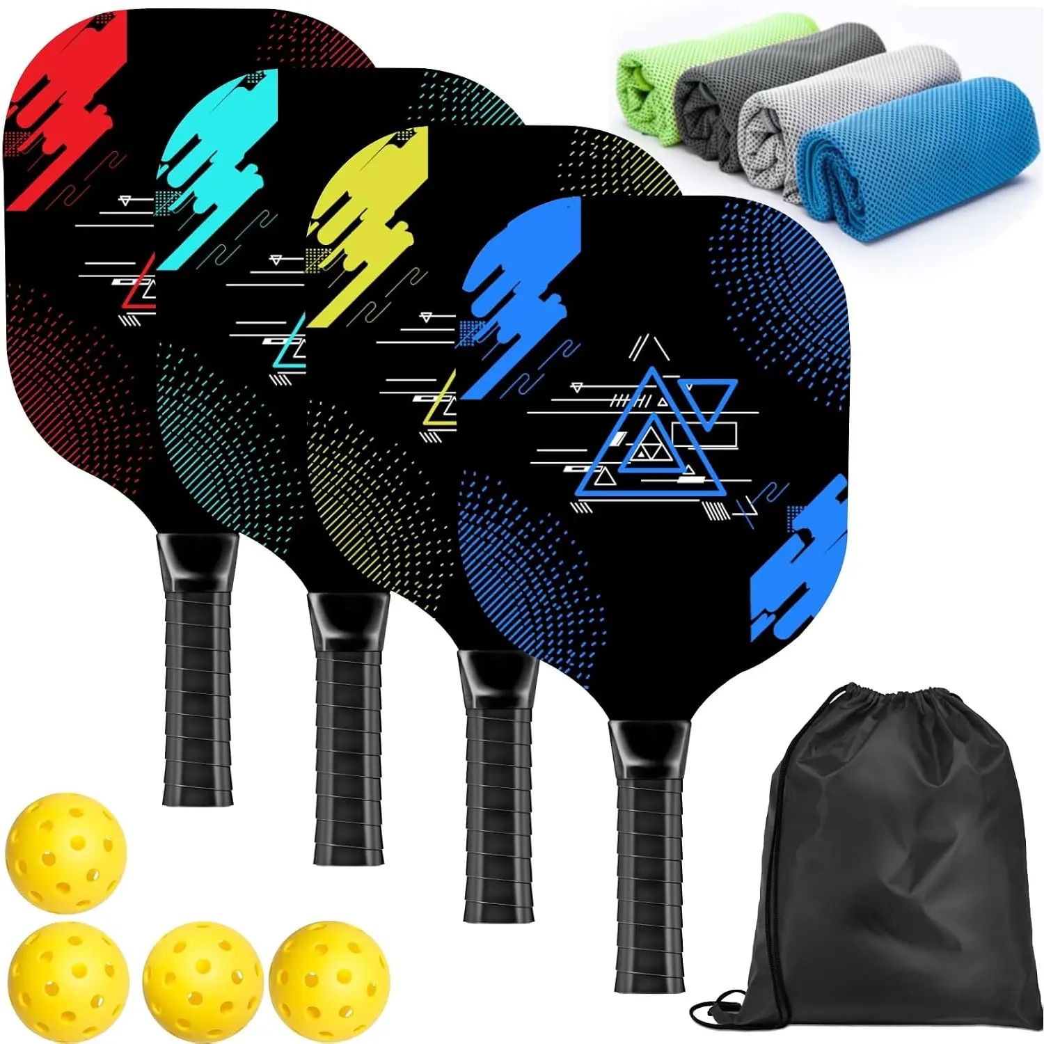 4-Piece Wood Pickleball Paddles Set, Comfort Cushion Grip with 4 Pickleball Balls, 4 Cooling Towels & Carry Bag, Pickleball Equipment Set for Men, Women & Beginners
