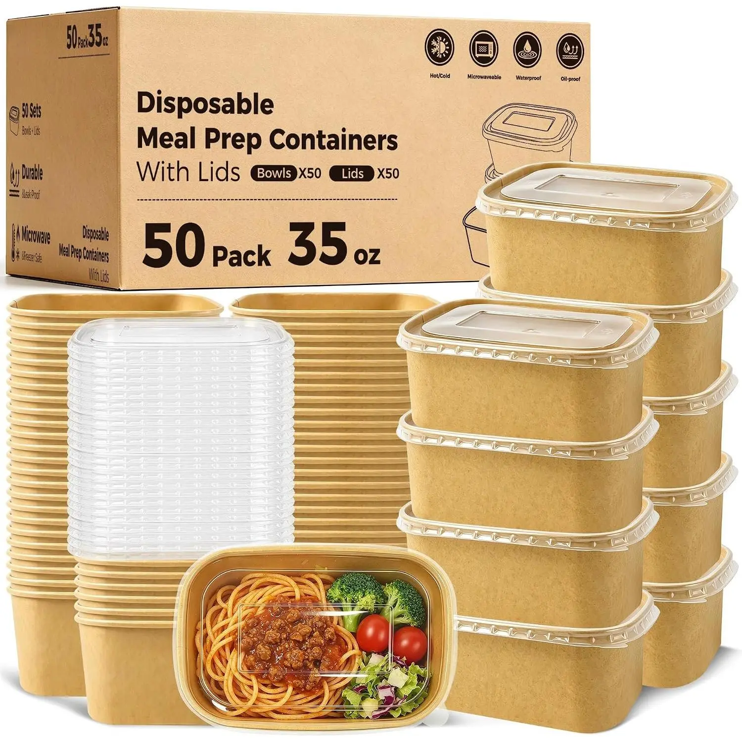 50 Pack (100-Pieces) 35 oz Meal Prep Containers with  | Disposable Paper  Storage Containers Sturdy & Reliable, Microwave & Freezer Safe, To Go Take Out Containers
