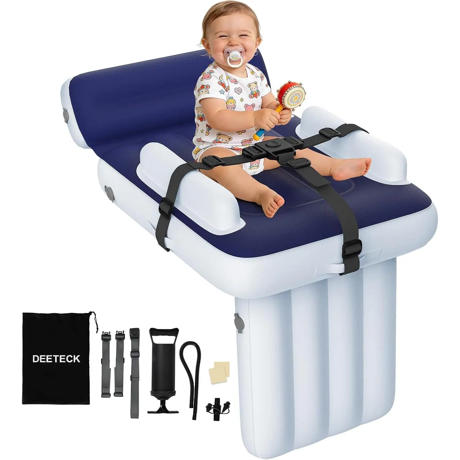 Inflatable Kid's Travel Mattress Bed– Soft Flocked Surface, Compact 31.5in, Quick‑Pump, Storage Bag, Straps & Side Guards for Car, Train & Plane Seats