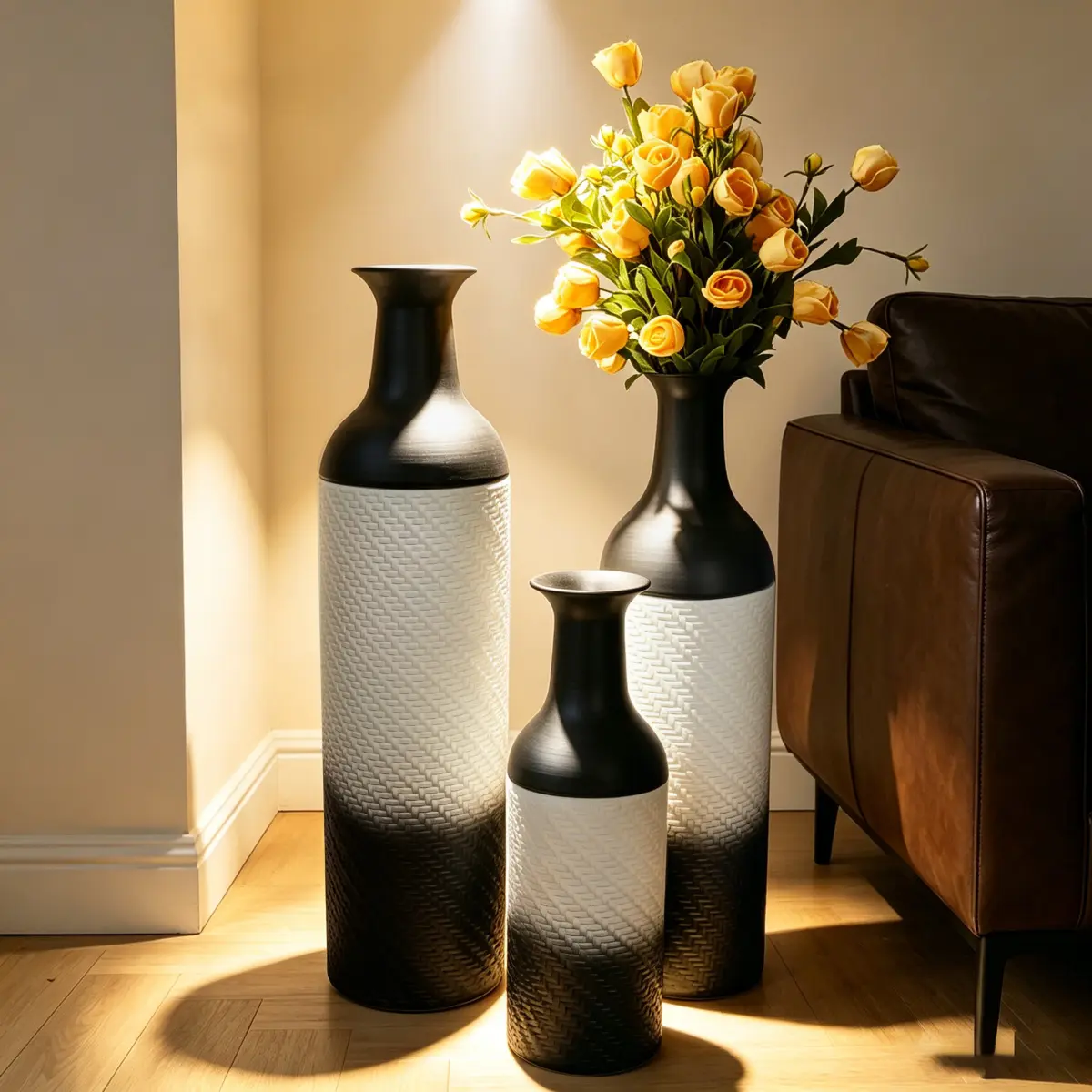 7.08*7.08*27.75 Inch Set of 3 White Black Honeycomb Textured Metal Floor Vases, Tall Cylindrical Narrow Neck Standing Decor Vases for Living Room Corner Fireplace Modern Home Display Ornament