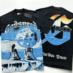 GODSPEED Vintage Washed Graphic Tee, Oversized Cotton Skull & Baseball Car Statue Print Y2K Streetwear T-Shirt Summer
