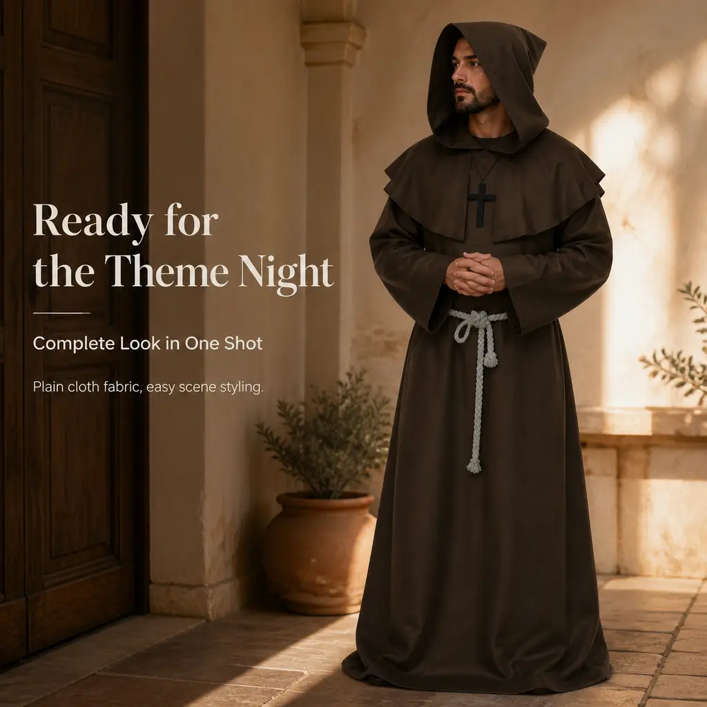 Brown Medieval Monk Hooded Robe Costume, Friar Long Robe with Rope Belt & Cross Necklace, Vintage Priest Outfit for Halloween, Cosplay, Renaissance Fair & Themed Photoshoot