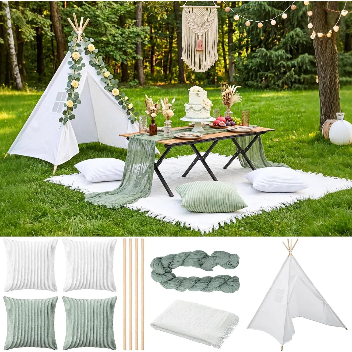 7 count Boho Camping Decor Set with Teepee Tent, Large Picnic Blanket 71x71, 4 Pillow Covers & Table Runner, Aesthetic Glamping Kit for Indoor Outdoor Party, Proposal, Photoshoot(Sage Green)