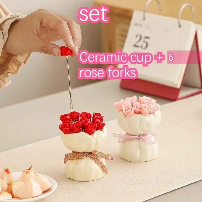 Ceramic Rose Fruit Fork Set, 6 Rose Forks with Ceramic Holder, Elegant Floral Table Decoration for Home and Afternoon Tea, Tableware
