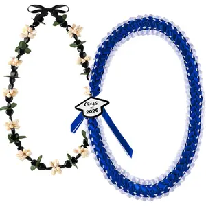 2 Pcs 2026 Kukui Nut Leis Class of 2026 Leis Hawaiian Kukui Nut Grad Necklace Graduation Money Lei with Cowrie Shell Faux Leaf for Graduates Graduation Party Accessories(Royal Blue, White)Gift.