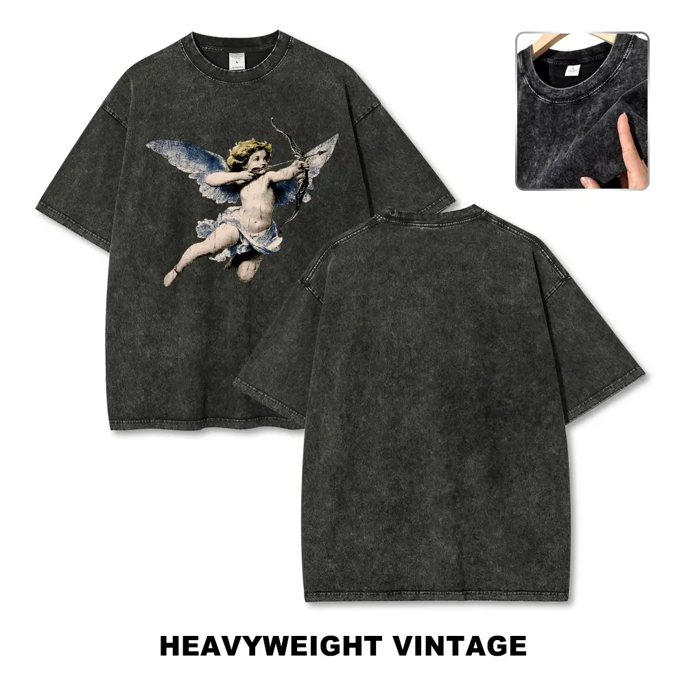 Unisex Vintage Washed Graphic Tee Oversized Renaissance Angel Cupid Print Heavyweight Cotton Short Sleeve T-Shirt Acid Wash Streetwear