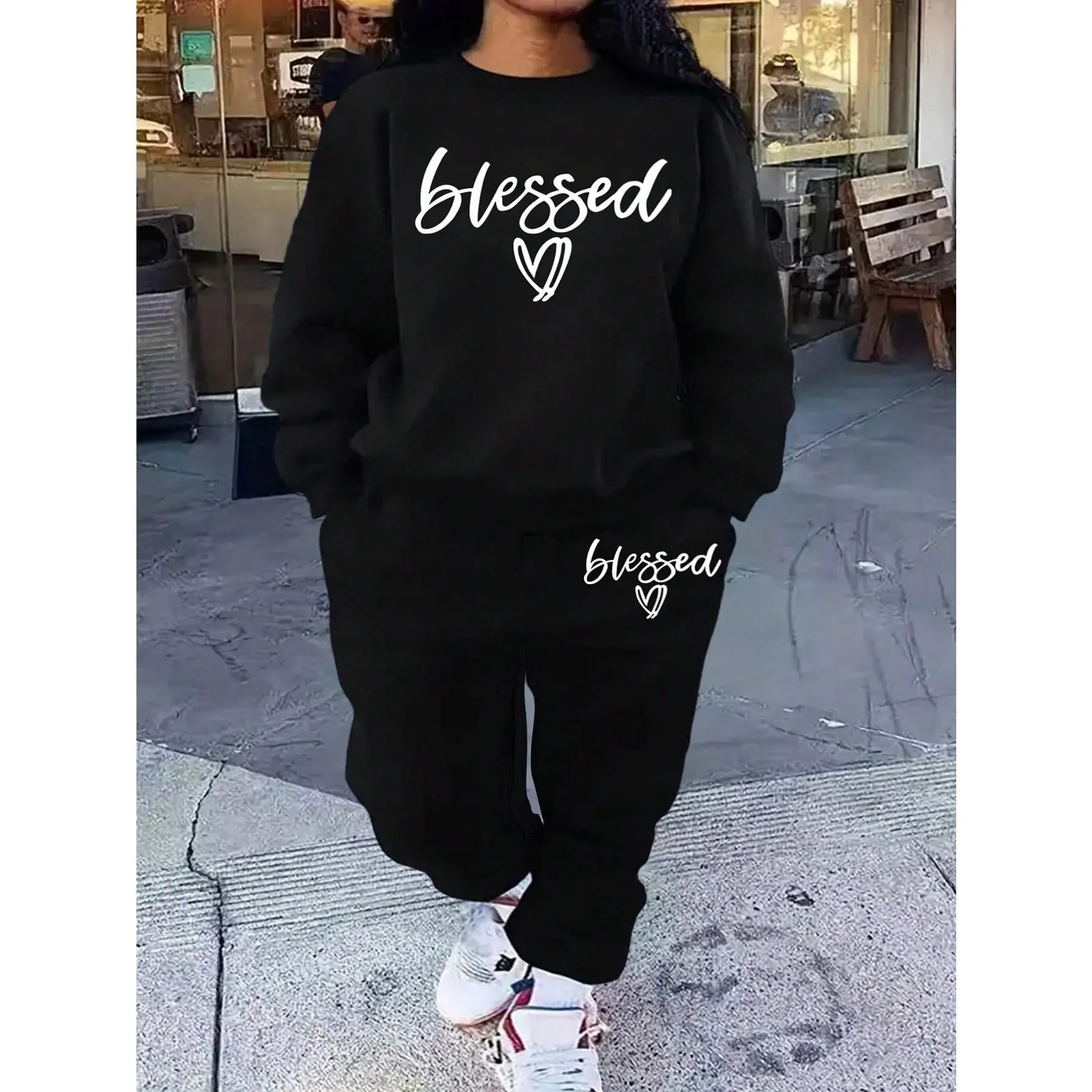 Women's Plus Size Oversized Baggy Casual Comfortable Letter Graphic 2-Piece Tracksuit - Long Sleeve Sweatshirt & Joggers Set, Longsleeves