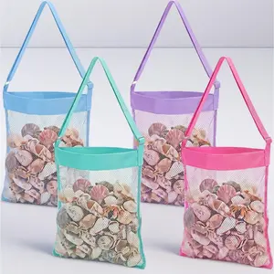 4 Pcs Extra Large 14 x 16inch Clam Mesh Chum Beach Bags for Seashells Clams Treasures Sand Away Foldable Shell Collection Bags with Adjustable Straps (Pink,Purple,Blue,Light Green)