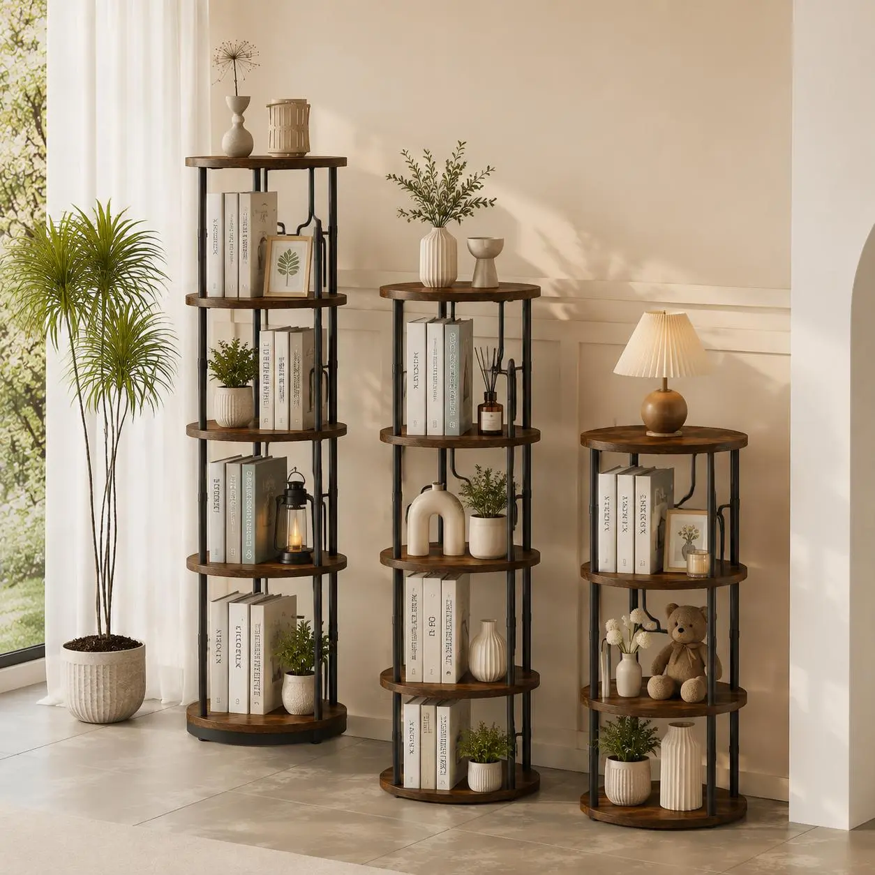 Rotating Bookshelf,3 Tier -5 Tier Spinning Bookshelf Tower,360° Display Unique Round Bookcase,Floor Standing Corner Revolving Bookshelf Storage Organizer for Home Study Office Furniture Living Room